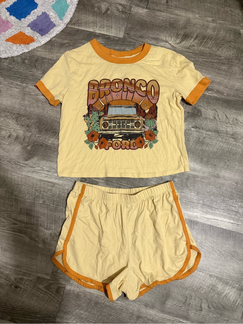 Yellow Ford Bronco Graphic Ringer Tee & Shorts Set